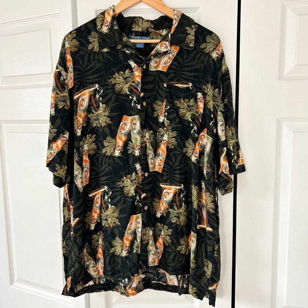 Vintage Y2K Puritan Hawaiian Shirt Black Tropical Beer Graphic Men’s Size XL